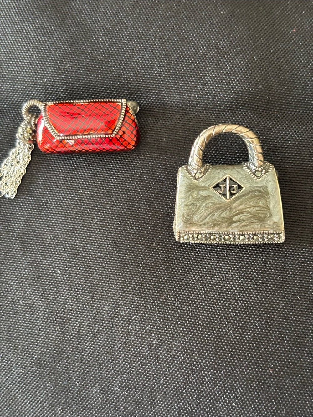 Silver-Tone Handbag Pin and Red Enamel Purse Brooch Set